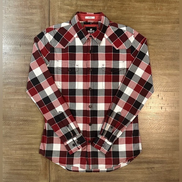 Express Men's Maroon/ White Plaid Button Up Fitted Shirt Size M Front Pockets - Picture 16 of 16